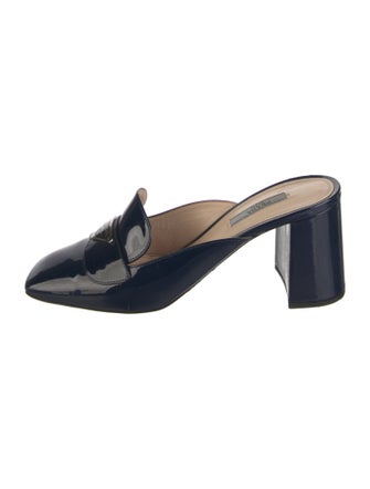 Prada Enameled Metal Triangle Patent Leather Mules