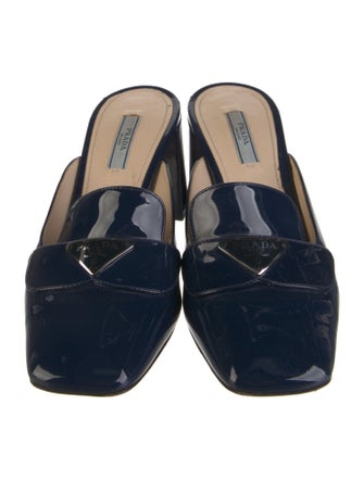 Prada Enameled Metal Triangle Patent Leather Mules