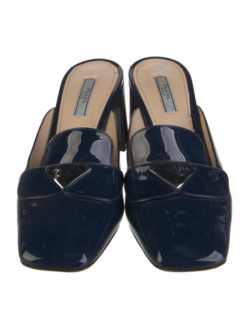 Prada Enameled Metal Triangle Patent Leather Mules