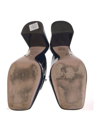 Prada Enameled Metal Triangle Patent Leather Mules