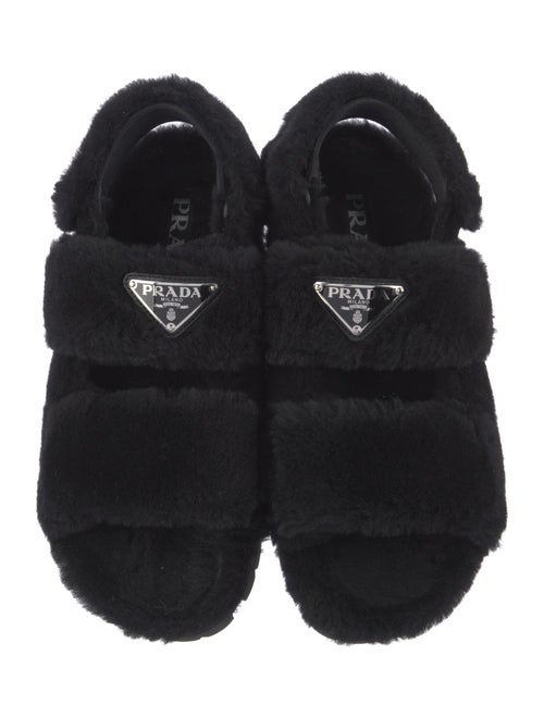 Prada Enameled Metal Triangle Shearling Slingback Sandals