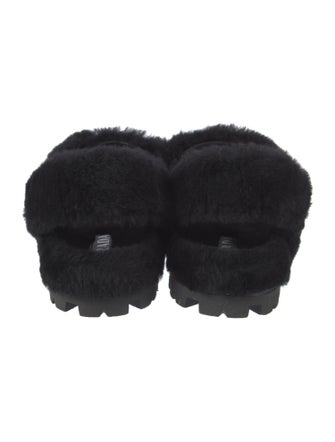 Prada Enameled Metal Triangle Shearling Slingback Sandals