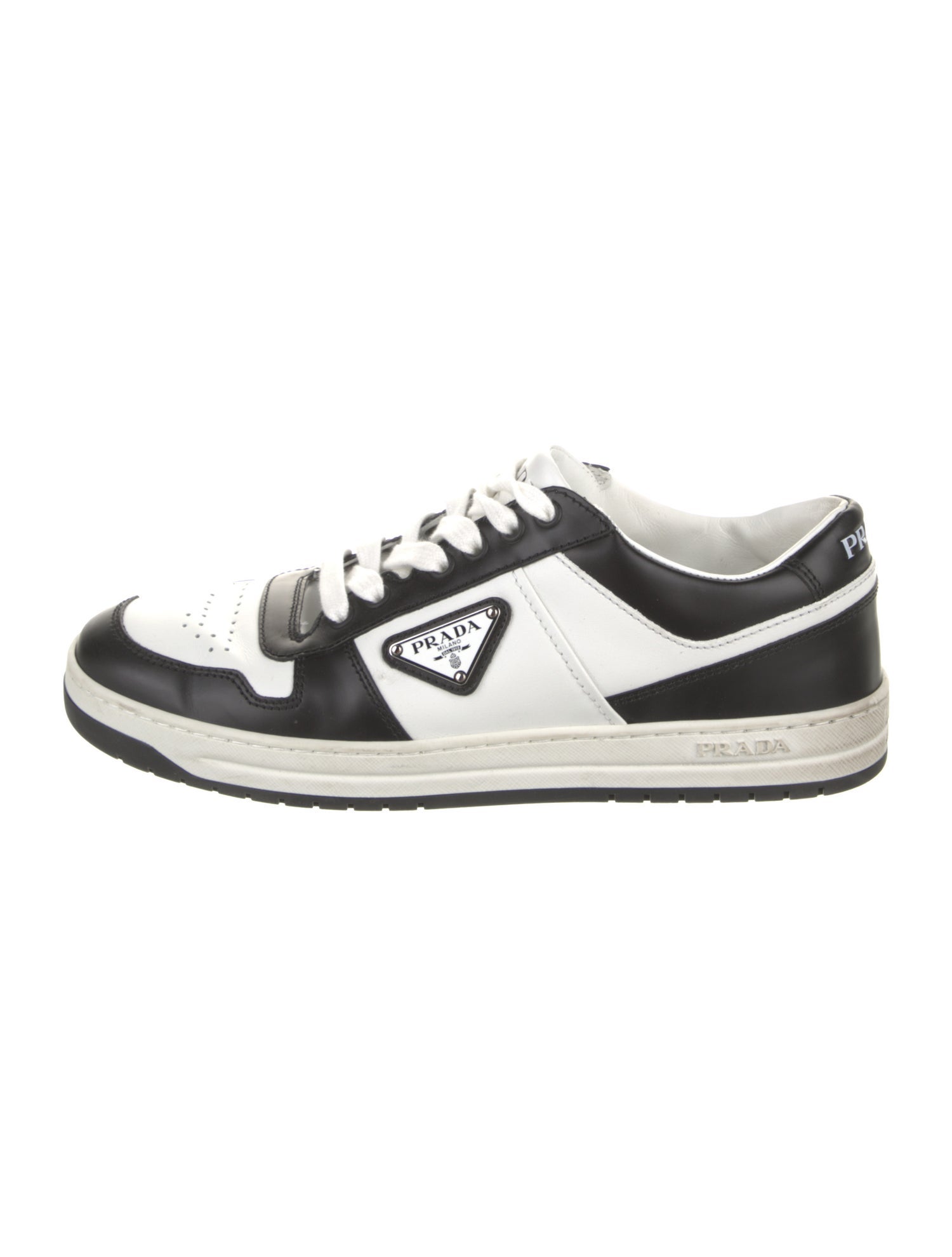 Prada Enameled Metal Triangle Leather Sneakers