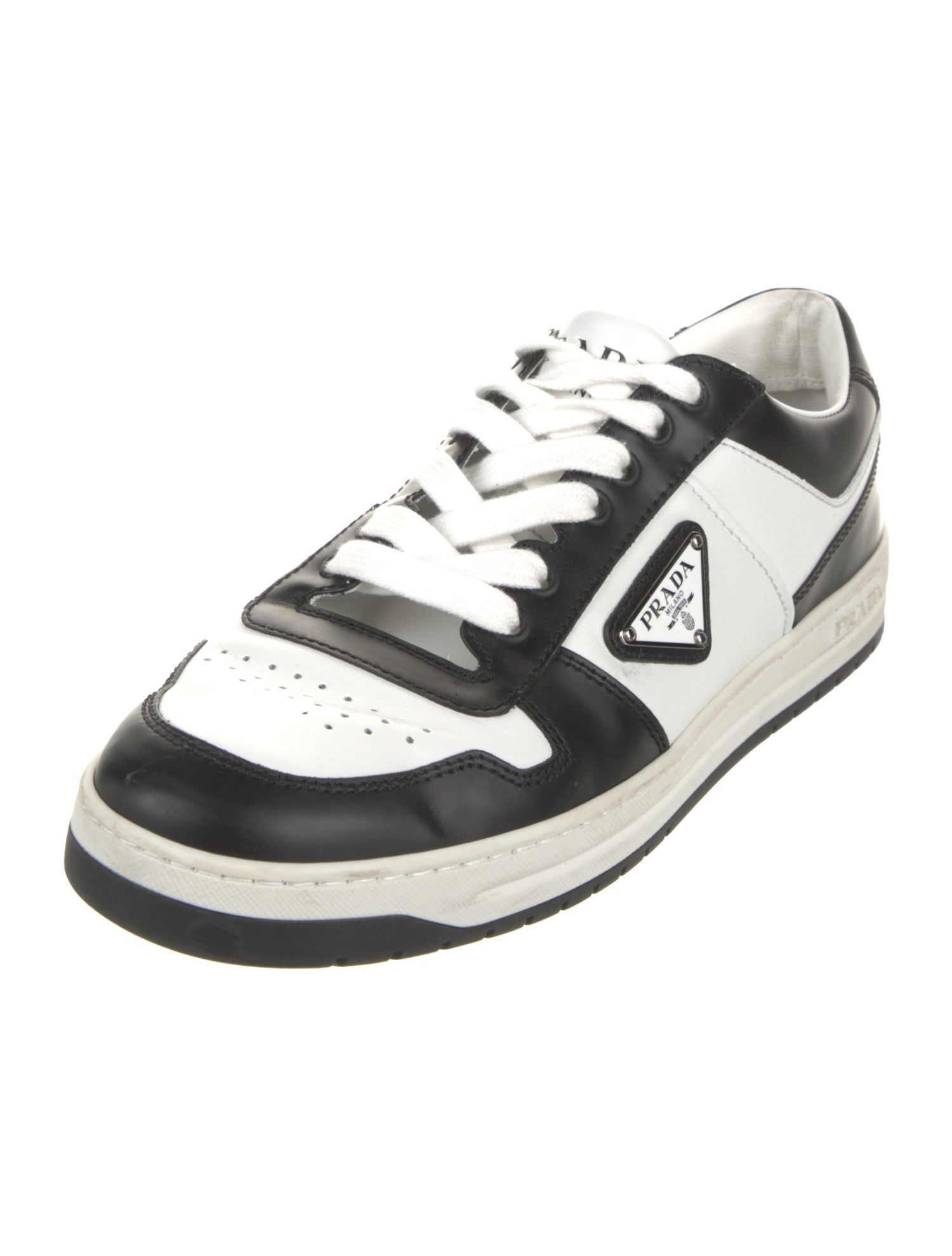 Prada Enameled Metal Triangle Leather Sneakers