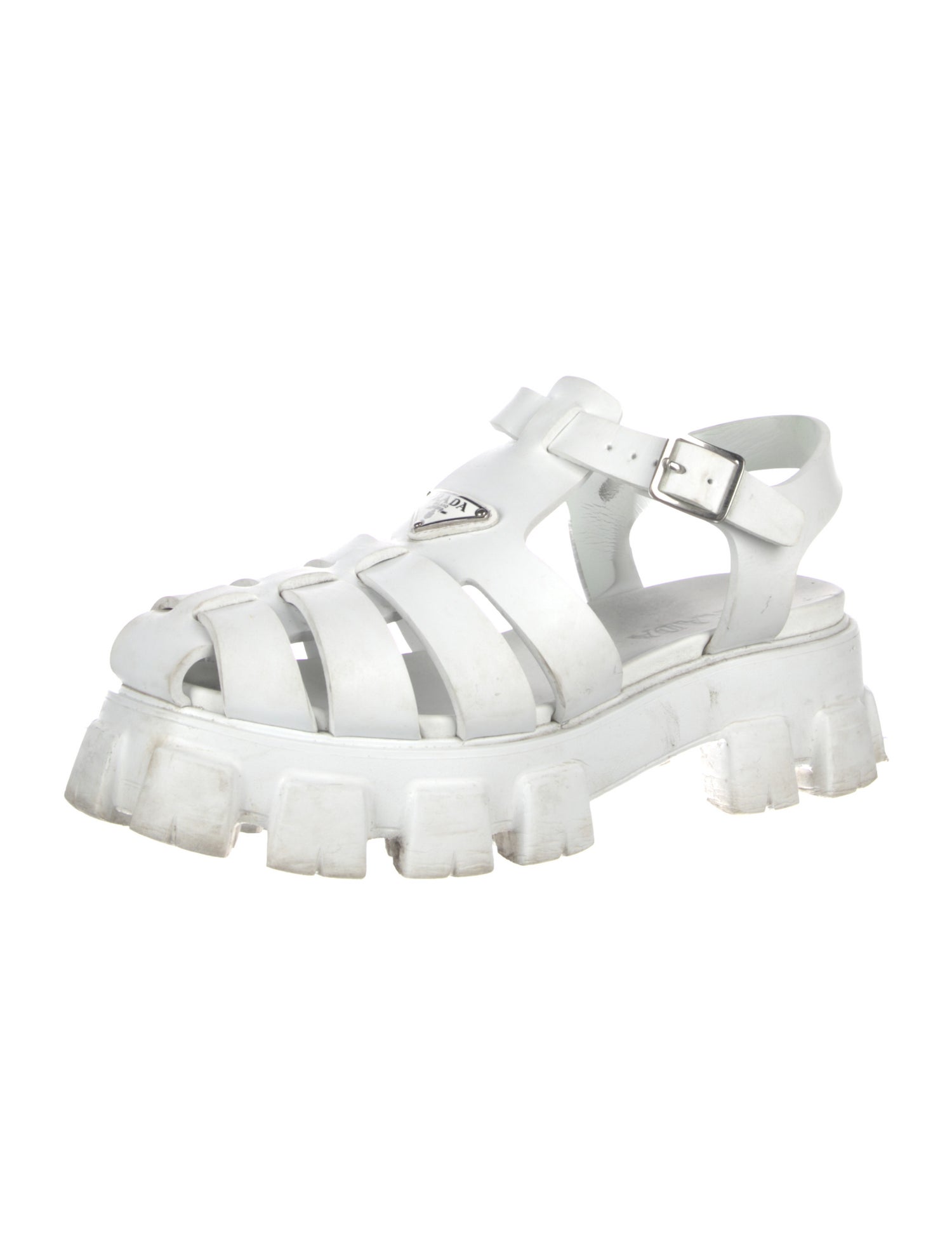 Prada Enameled Metal Triangle Rubber Gladiator Sandals