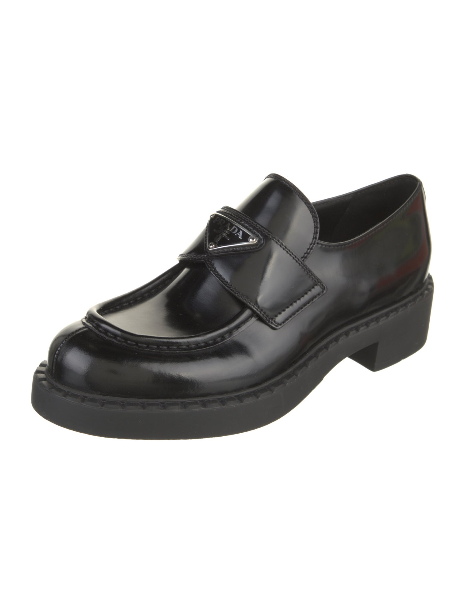 Prada Enameled Metal Triangle Leather Oxfords