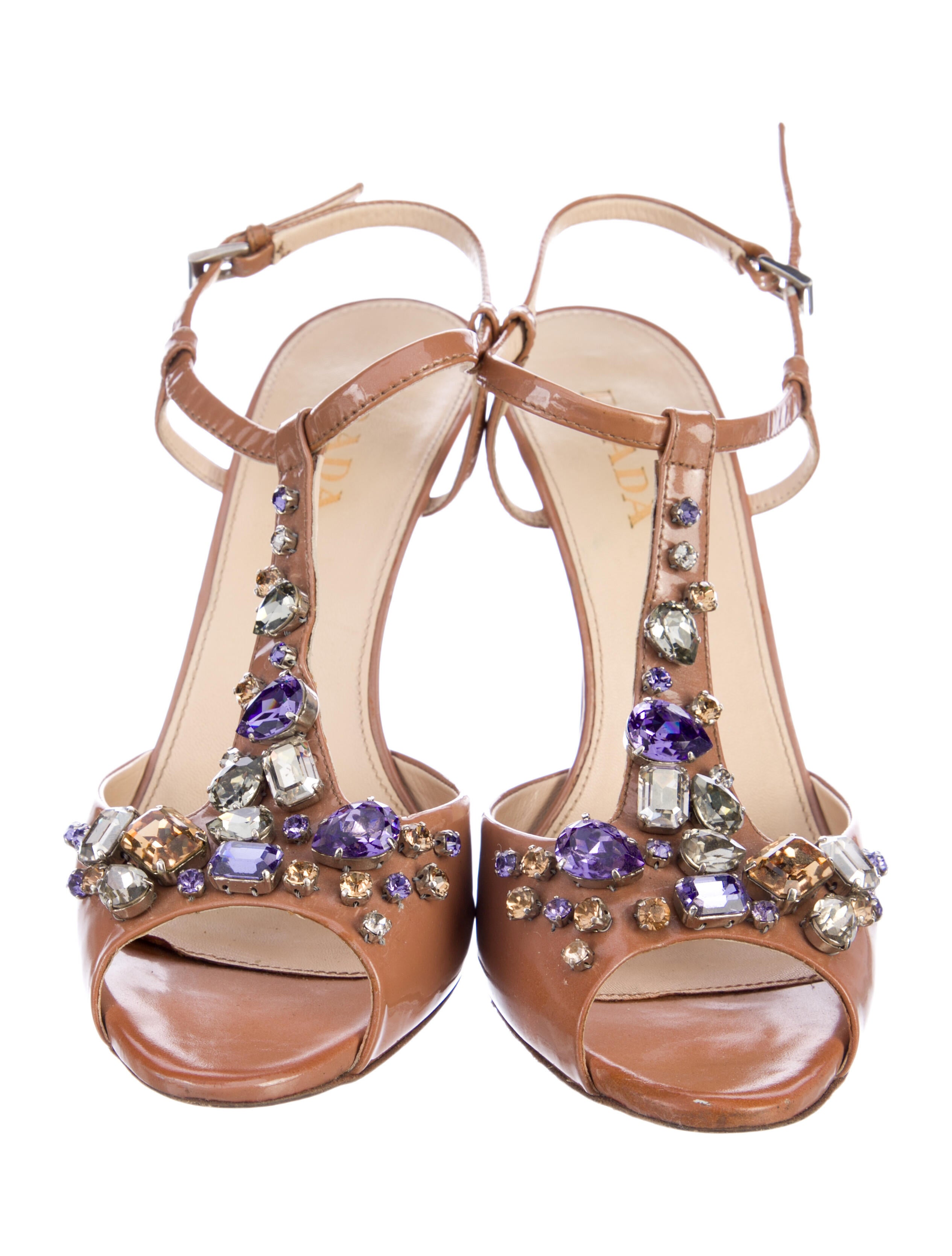 Prada Patent Leather Crystal Embellishments T-Strap Sandals