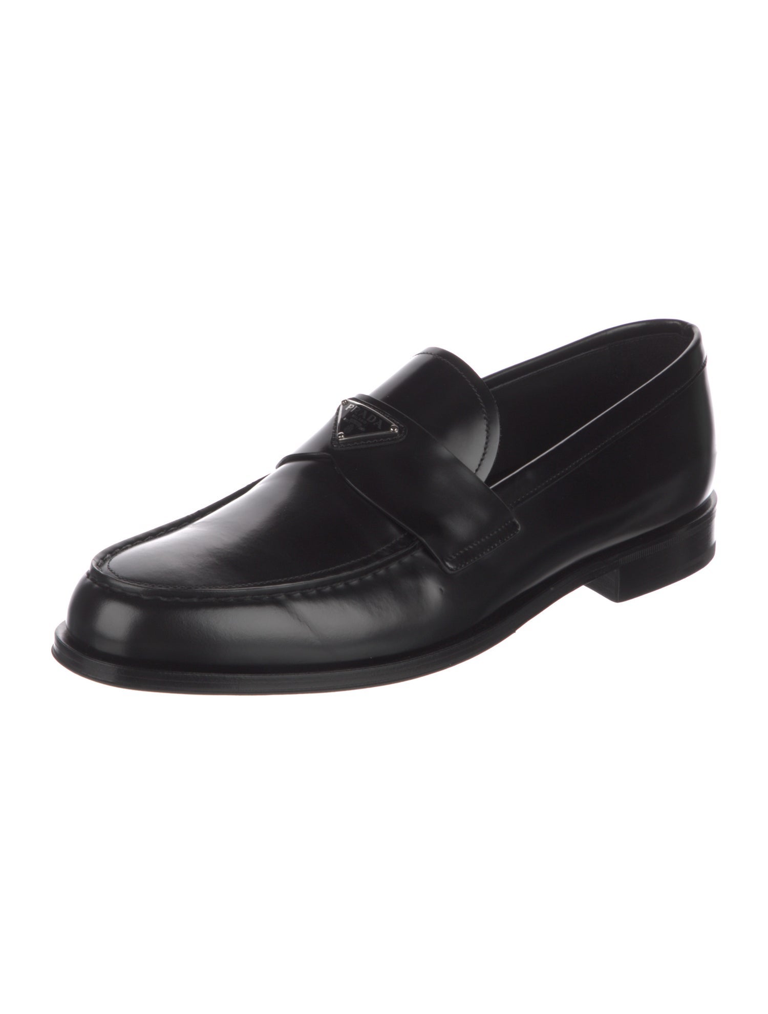 Prada Enameled Metal Triangle Leather Dress Loafers