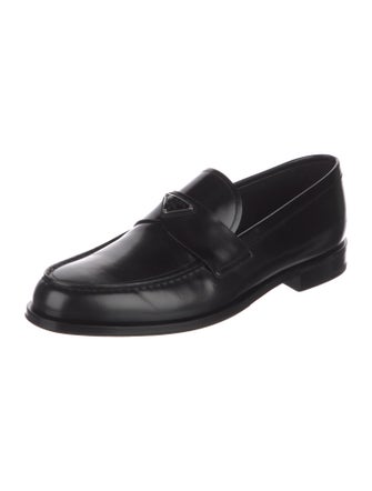 Prada Enameled Metal Triangle Leather Dress Loafers