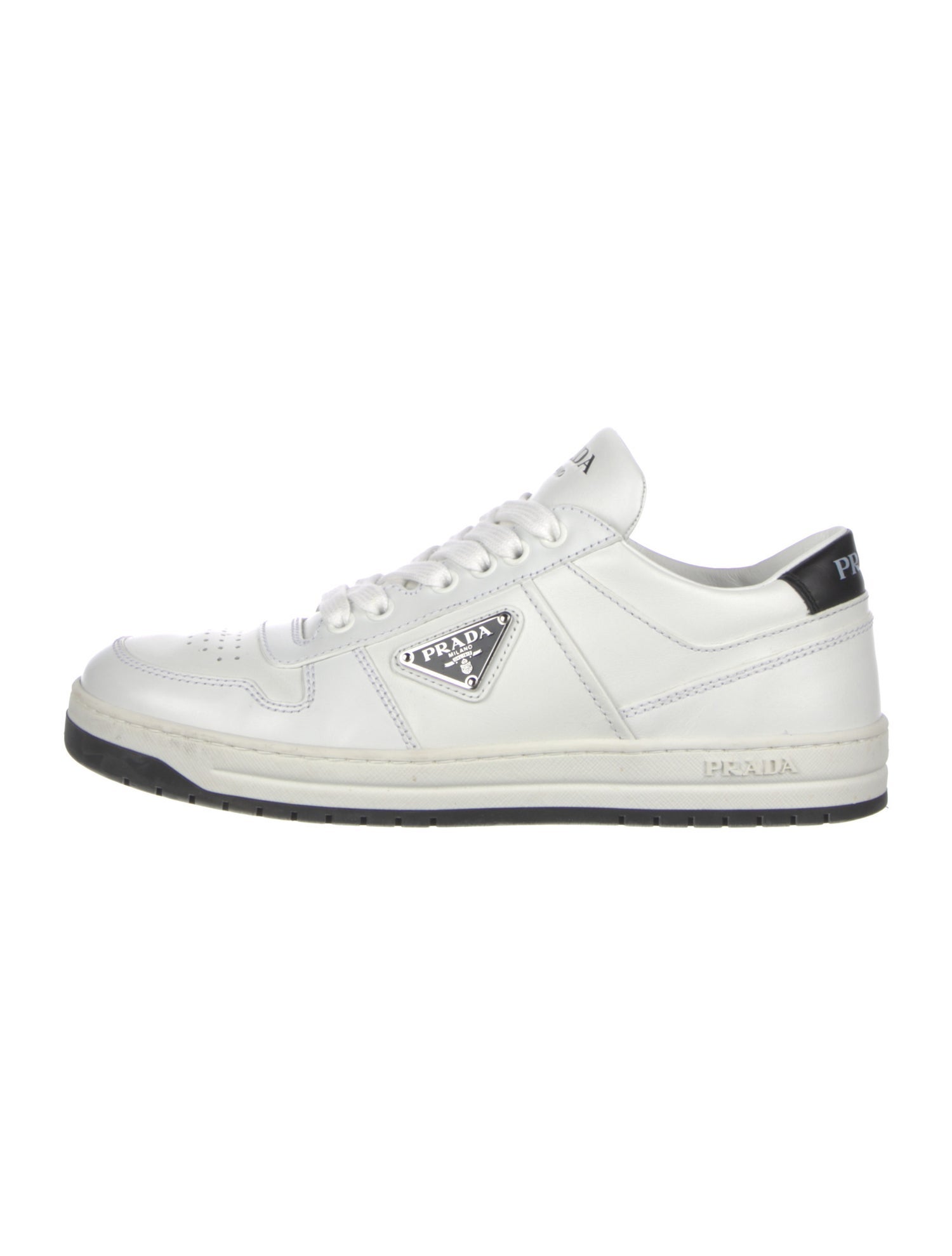 Prada Enameled Metal Triangle Leather Sneakers