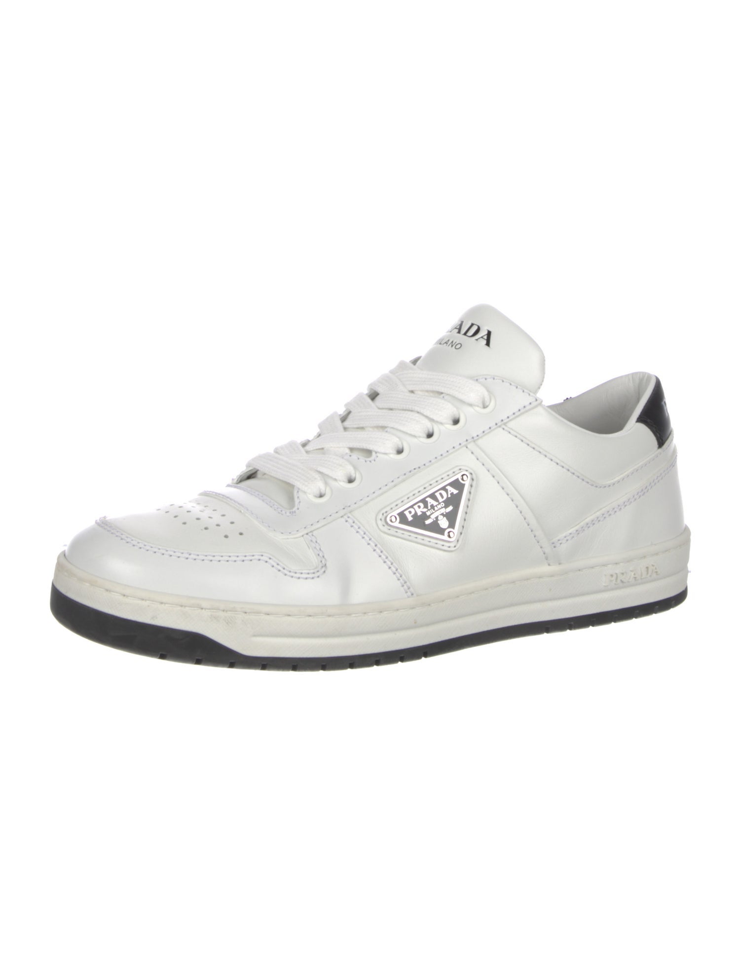 Prada Enameled Metal Triangle Leather Sneakers