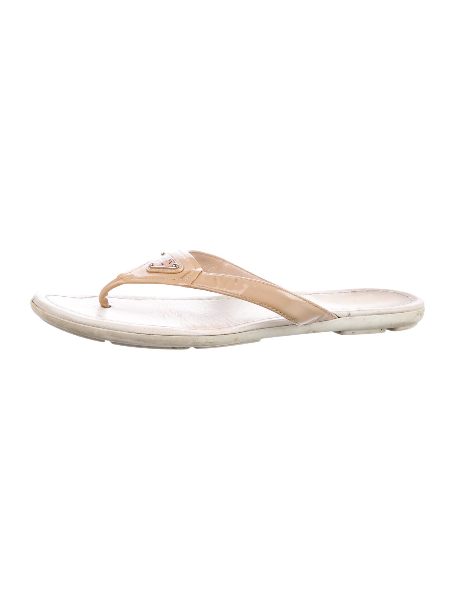 Prada Enameled Metal Triangle Patent Leather Flip Flops