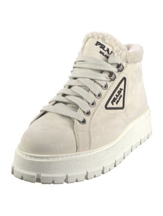 Prada Enameled Metal Triangle Leather Sneakers