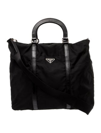 Prada Enameled Metal Triangle City Calf-Trimmed Tessuto