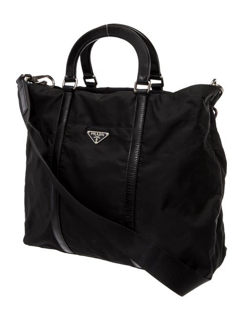 Prada Enameled Metal Triangle City Calf-Trimmed Tessuto