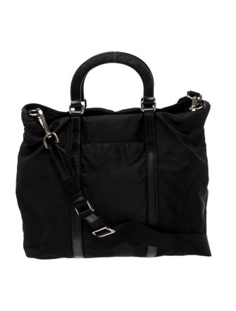 Prada Enameled Metal Triangle City Calf-Trimmed Tessuto