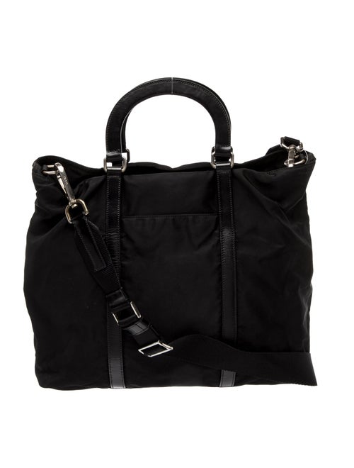 Prada Enameled Metal Triangle City Calf-Trimmed Tessuto