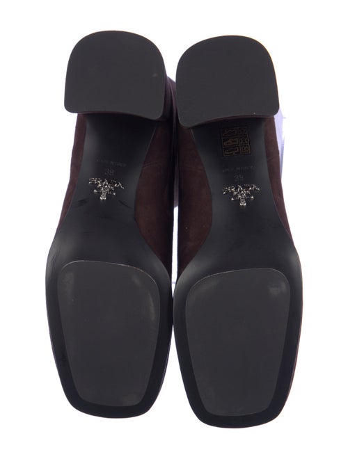 Prada Enameled Metal Triangle Suede Boots