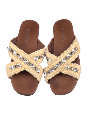 Prada Rockstud Accents Raffia Slides