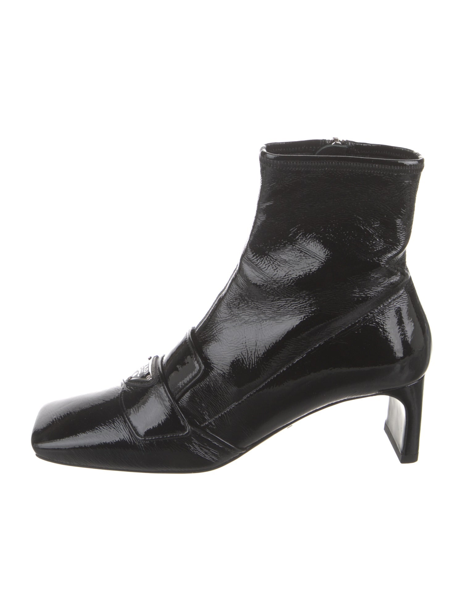 Prada Enameled Metal Triangle Patent Leather Boots