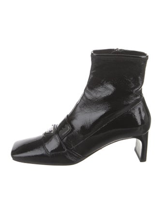 Prada Enameled Metal Triangle Patent Leather Boots