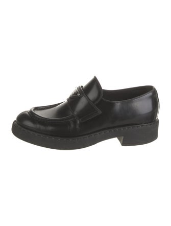 Prada Enameled Metal Triangle Leather Loafers