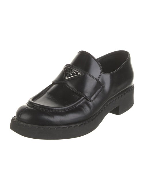 Prada Enameled Metal Triangle Leather Loafers