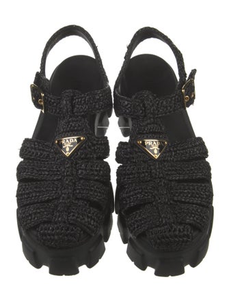 Prada Enameled Metal Triangle Straw Slingback Sandals