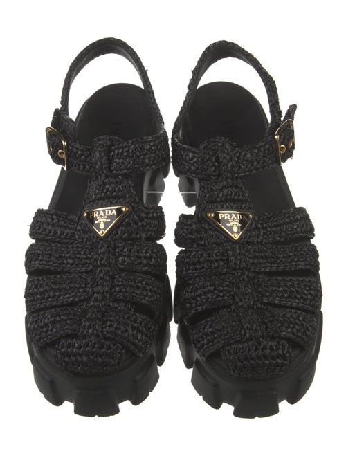 Prada Enameled Metal Triangle Straw Slingback Sandals