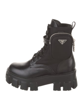 Prada Enameled Metal Triangle Leather Combat Boots