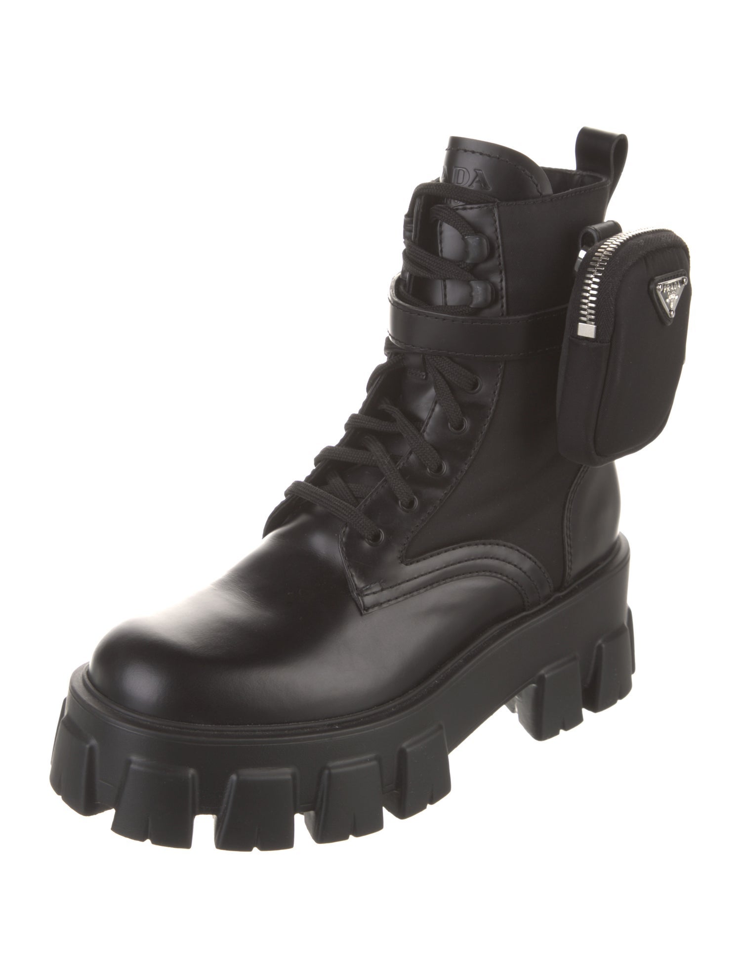 Prada Enameled Metal Triangle Leather Combat Boots
