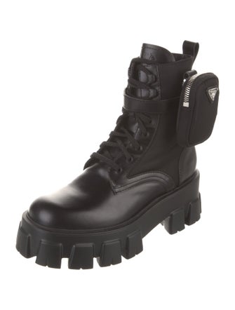 Prada Enameled Metal Triangle Leather Combat Boots