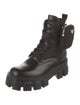 Prada Enameled Metal Triangle Leather Combat Boots