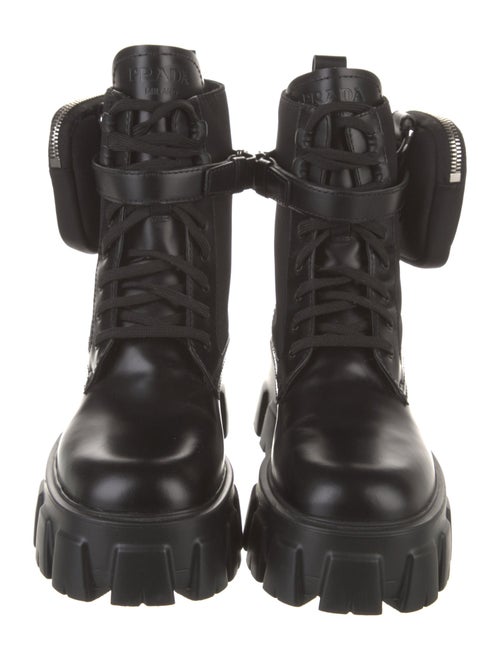 Prada Enameled Metal Triangle Leather Combat Boots