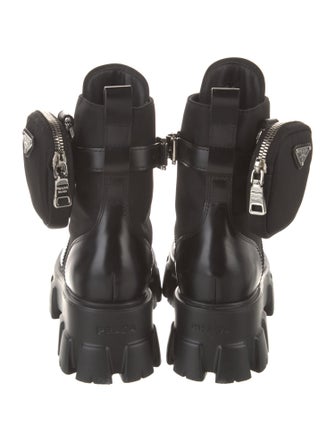 Prada Enameled Metal Triangle Leather Combat Boots