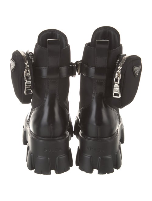 Prada Enameled Metal Triangle Leather Combat Boots