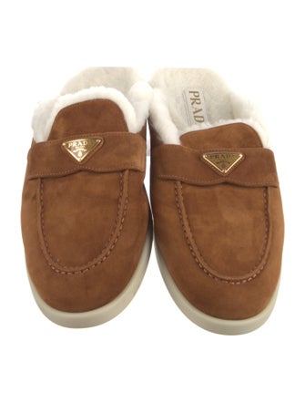 Prada Enameled Metal Triangle Suede Mules