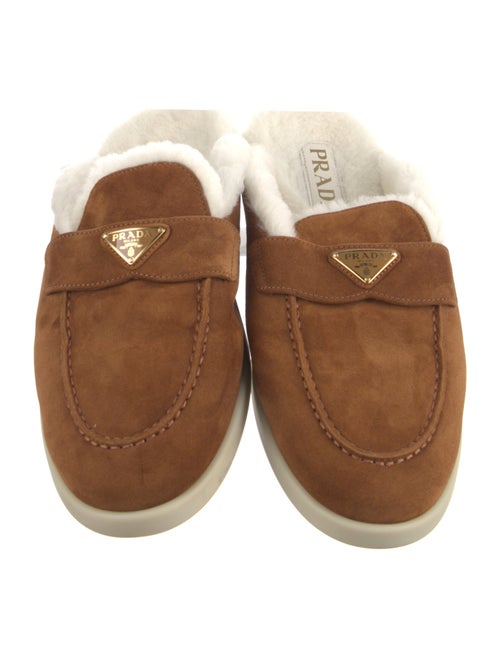 Prada Enameled Metal Triangle Suede Mules