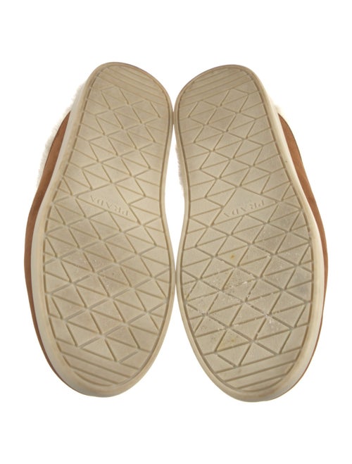 Prada Enameled Metal Triangle Suede Mules