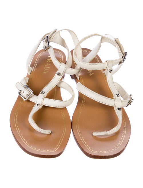 Prada Leather Studded Accents T-Strap Sandals