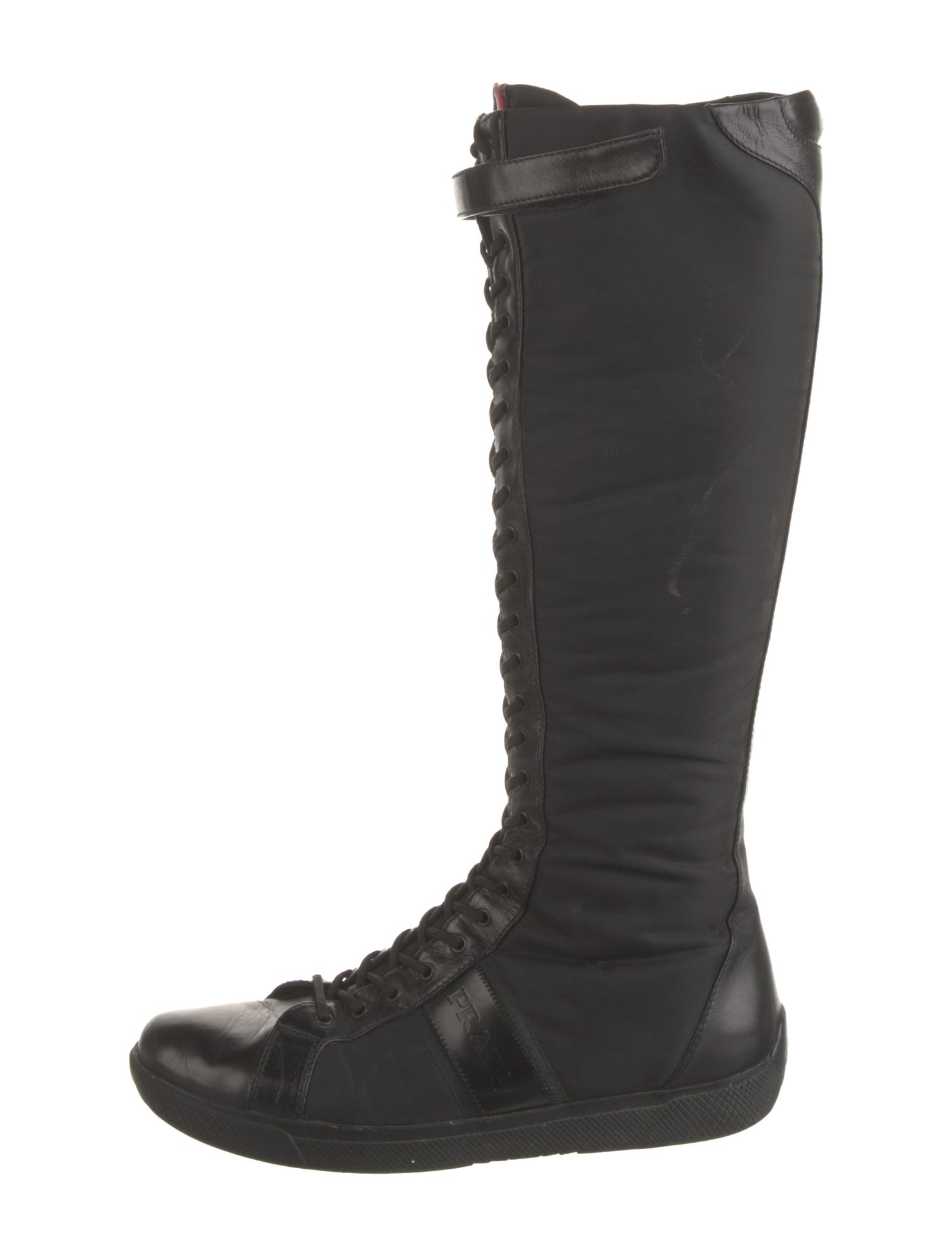 Prada Enameled Metal Triangle Nylon Lace-Up Boots