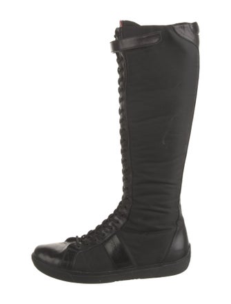 Prada Enameled Metal Triangle Nylon Lace-Up Boots