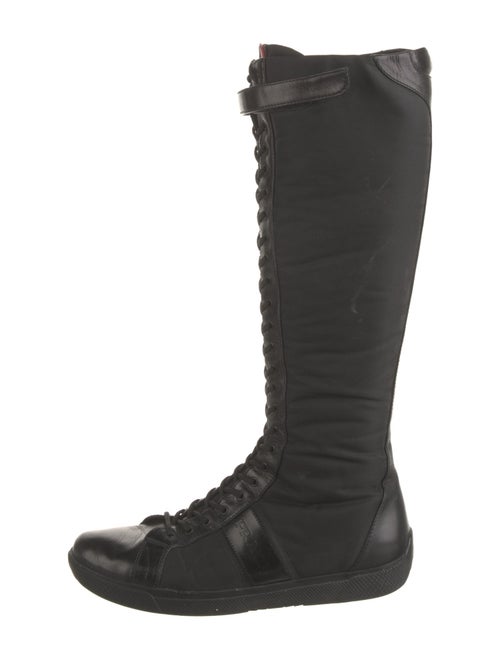 Prada Enameled Metal Triangle Nylon Lace-Up Boots