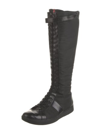 Prada Enameled Metal Triangle Nylon Lace-Up Boots