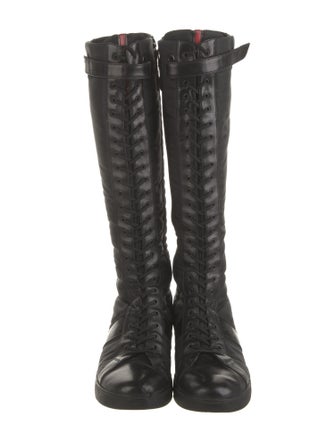 Prada Enameled Metal Triangle Nylon Lace-Up Boots