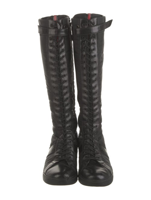 Prada Enameled Metal Triangle Nylon Lace-Up Boots