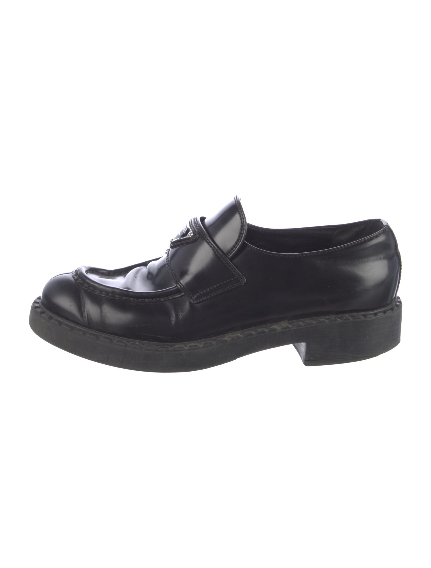 Prada Enameled Metal Triangle Leather Oxfords