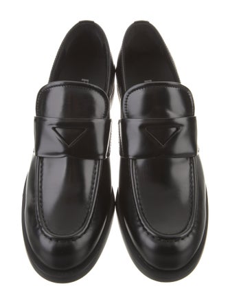 Prada Enameled Metal Triangle Leather Loafers