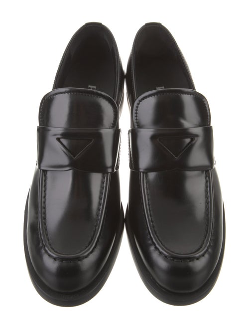Prada Enameled Metal Triangle Leather Loafers