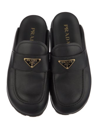 Prada Enameled Metal Triangle Leather Mules